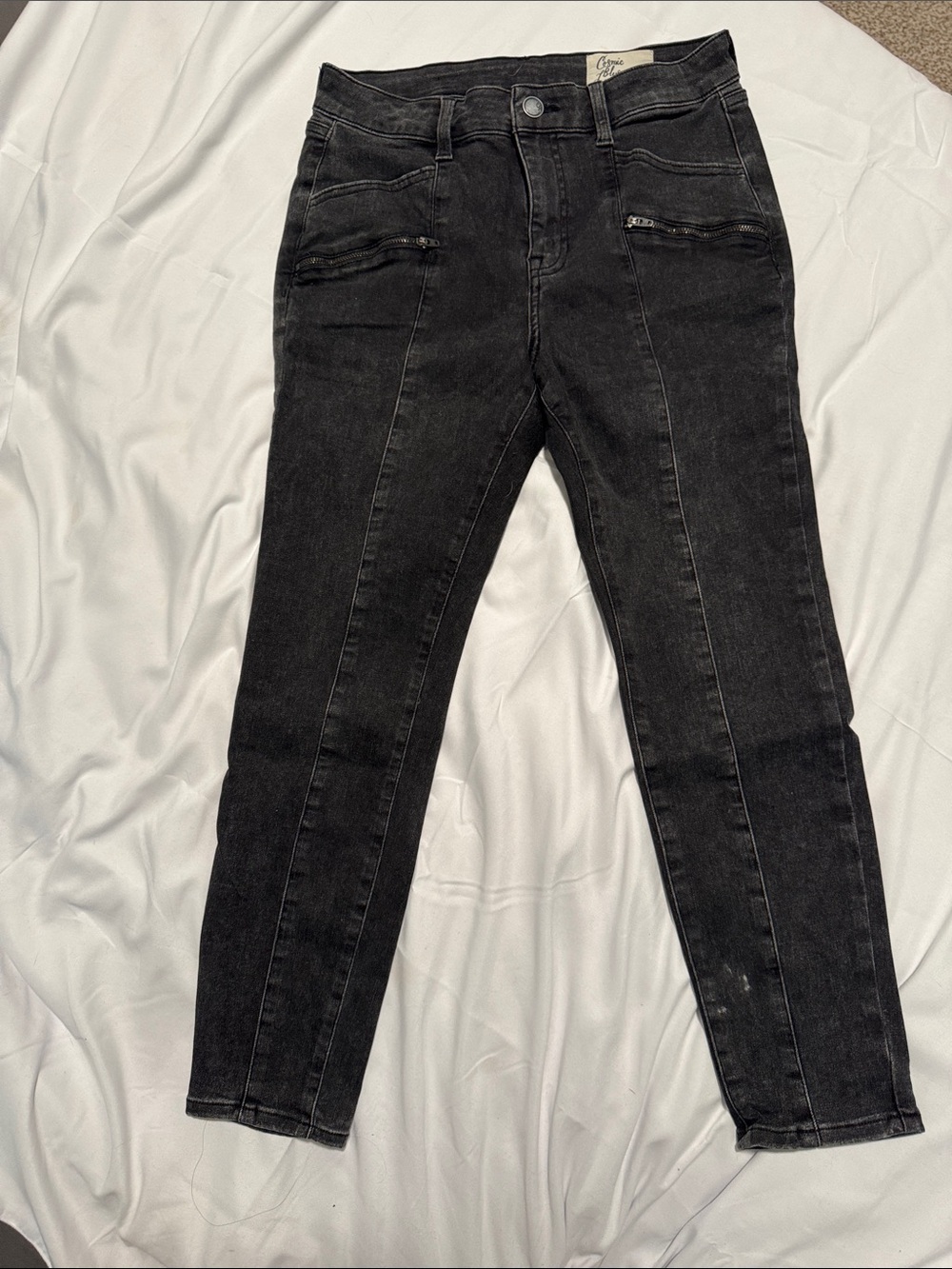 Cosmic Blue Love High-Rise Black Skinny Jeans Size 30P-Front Zip Detail